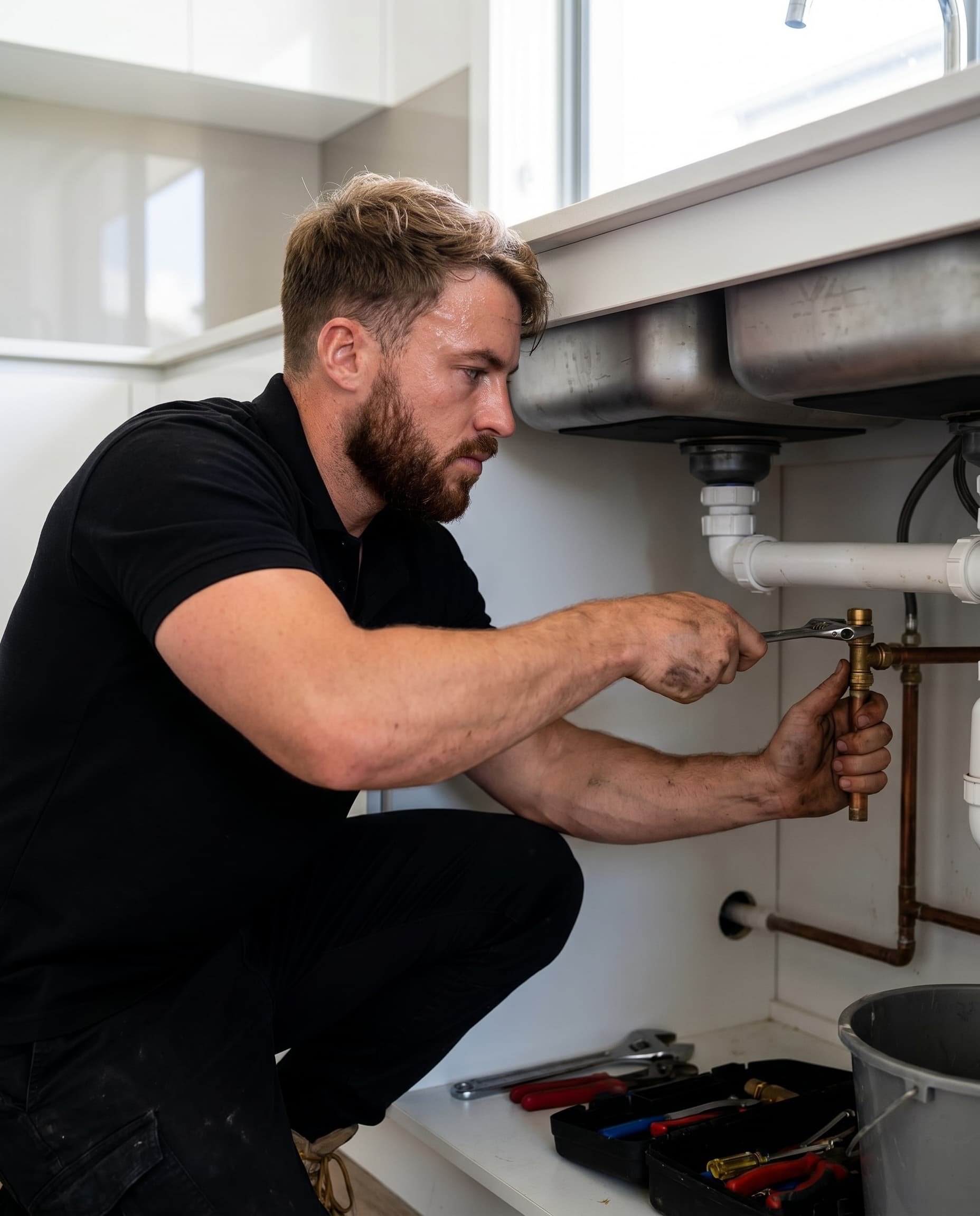 An LJ plumber fitting new copper pipework — clean, precise work