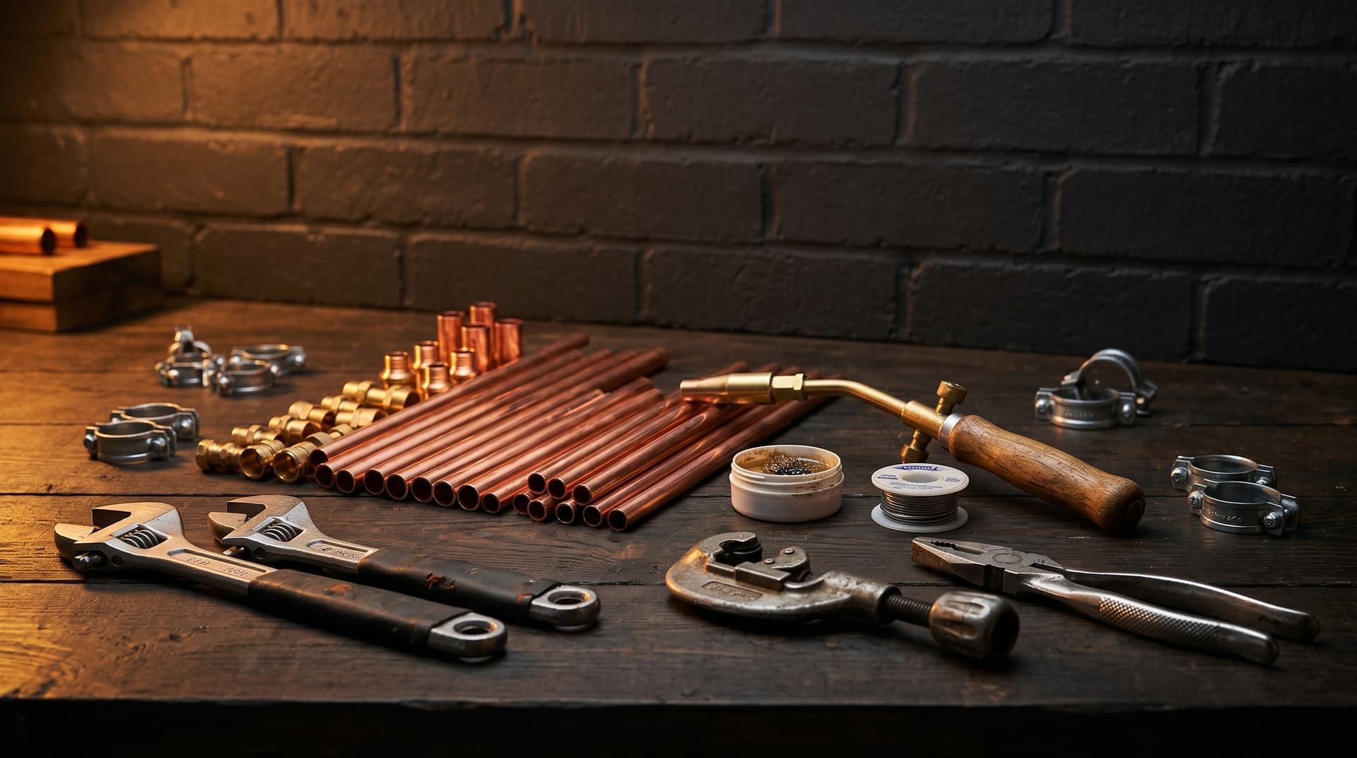 LJ Plumbing workshop bench with copper pipework and plumbing tools, Burleigh Heads
