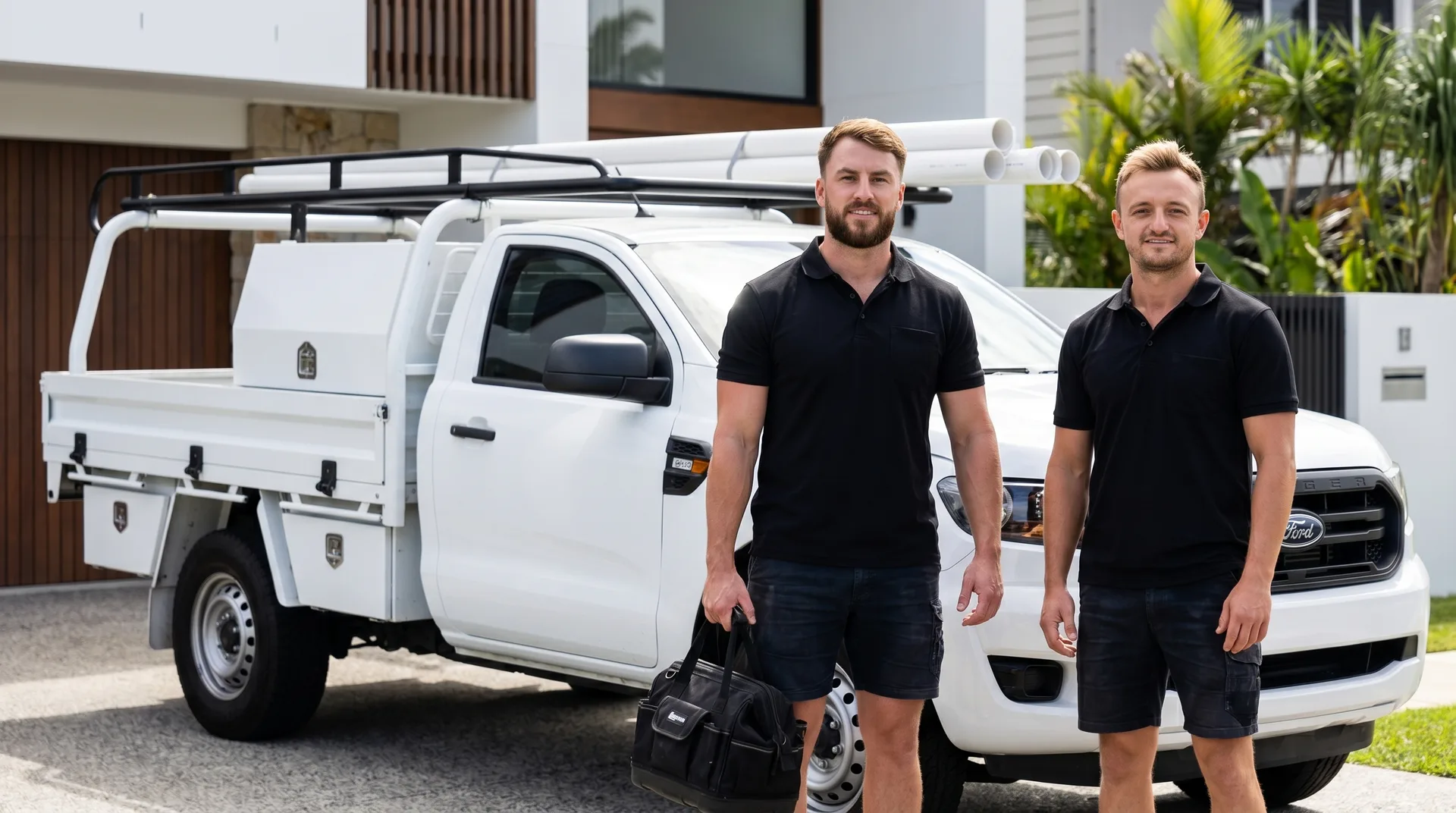 Jake Flynn and Lincoln Monin — the licensed plumbers behind LJ Plumbing — with the LJ work ute