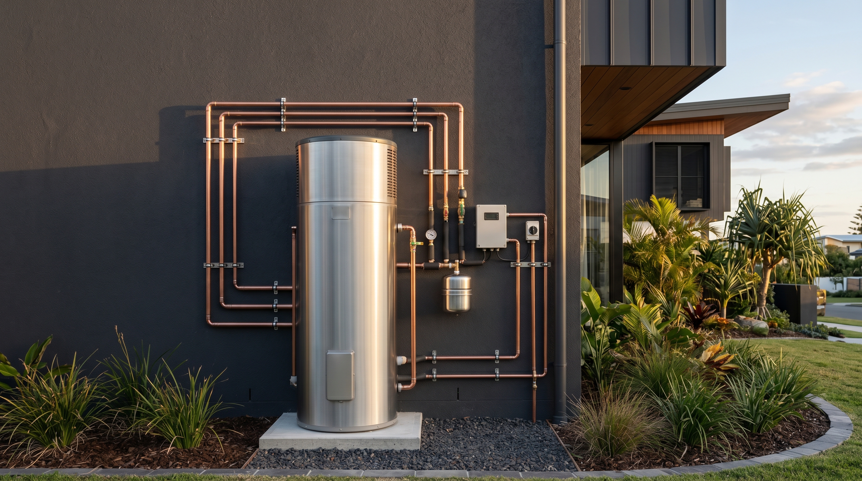 A modern hot water system installed on the exterior wall of a Gold Coast home